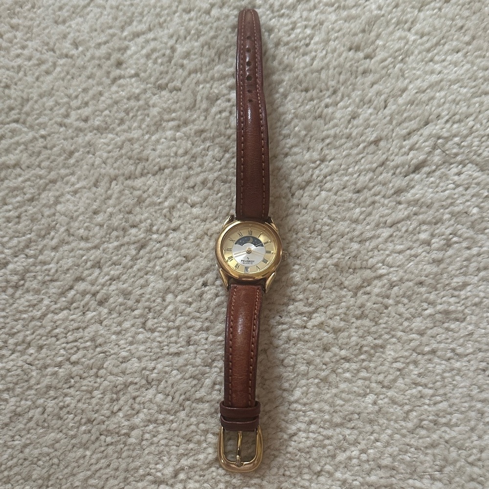 Peugeot Women's Gold Tone Watch with Brown Leather Strap